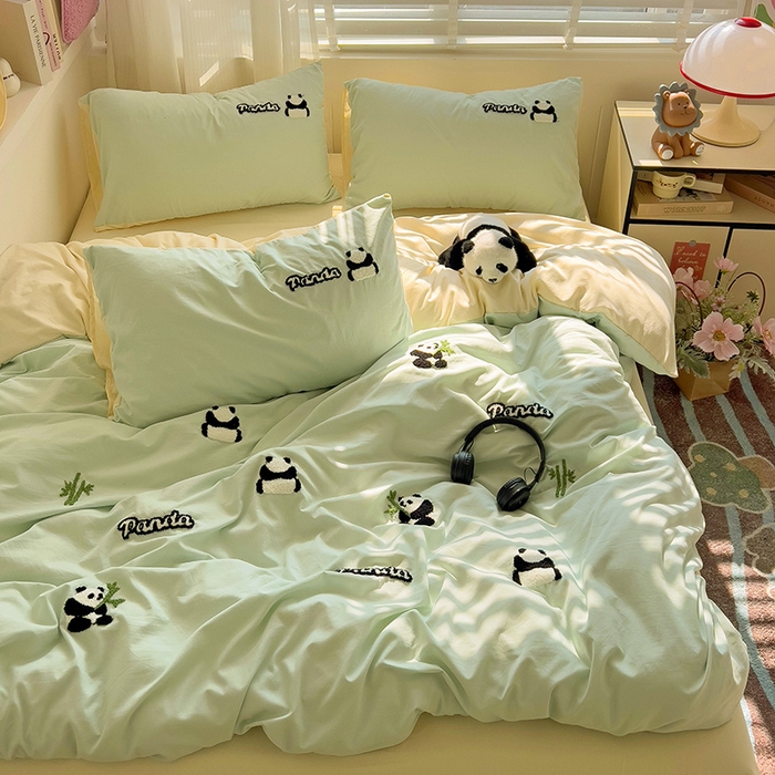 91家纺网 家纺一手货源 找家纺 暖芯优选 2025新款超柔水洗棉INS小红书毛巾绣卡通四件套（提供买家秀） 翠竹熊猫