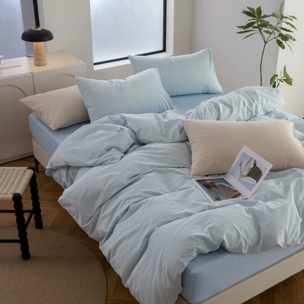 91家纺网 家纺一手货源 找家纺 玖弘家居 2025新款水洗棉四件套-细格系列 蓝细格