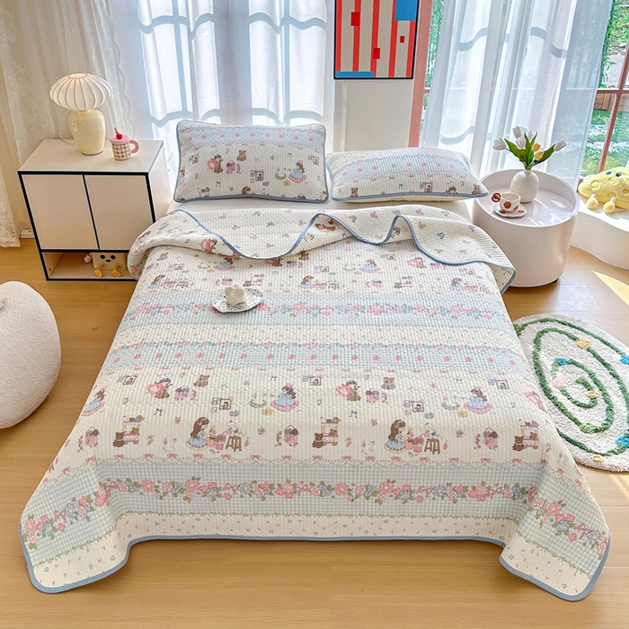 91家纺网 家纺一手货源 找家纺 2025新款13070单面全棉绗缝床盖三件套 出游伙伴