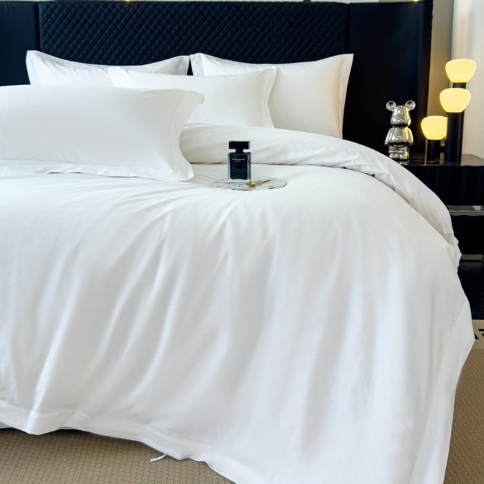 91家纺网 家纺一手货源 找家纺 锦彩 2025新款40长绒棉酒店宾馆民宿学生三件套正宗13372双拼纯色全棉四件套（可定制）绑带款纯白