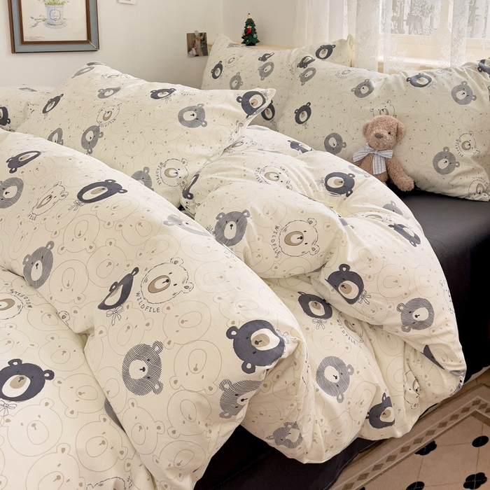 91家纺网 家纺一手货源 找家纺 夜笙2025新款A类水洗棉双层纱印花四件套 甜豆熊