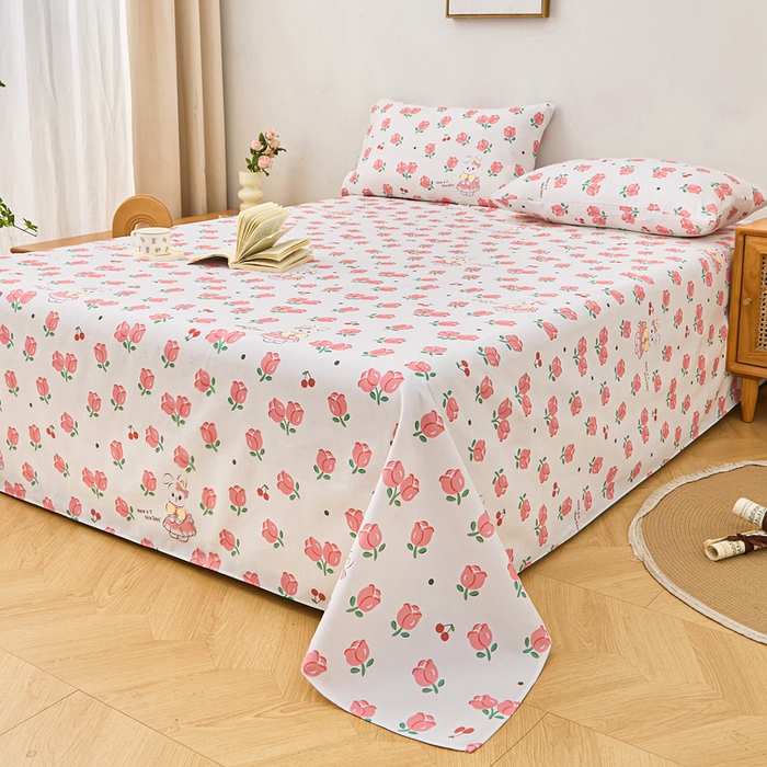 91家纺网 家纺一手货源 找家纺 首爱家纺 2025新款印花原棉标老粗布床单老粗布凉席软凉席 玫瑰小兔