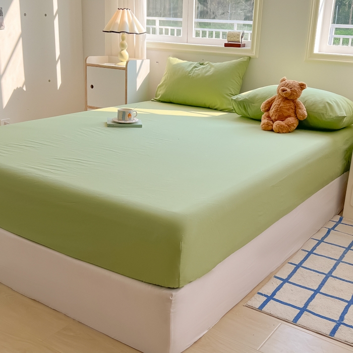 91家纺网 家纺一手货源 找家纺 韩巢家纺 2025新款A类纯色格子水洗棉床笠单件床罩床套 A类浅草绿-床笠