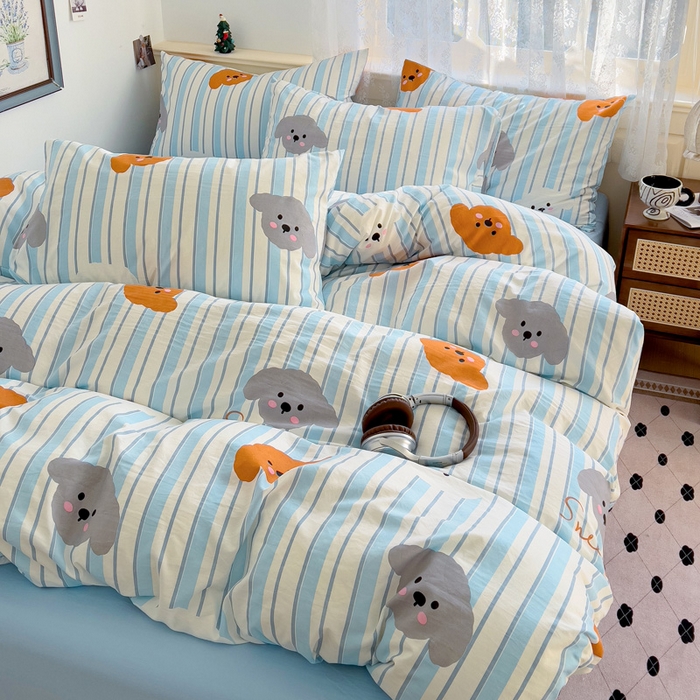 91家纺网 家纺一手货源 找家纺 夜笙2025新款A类水洗棉双层纱印花四件套 云朵小狗