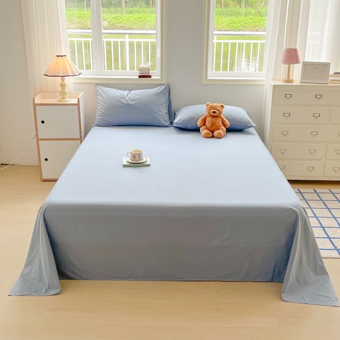 91家纺网 家纺一手货源 找家纺 韩巢家纺 2025新款格子纯色A类水洗棉床单单件 A类浅兰-床单