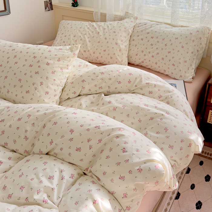 91家纺网 家纺一手货源 找家纺 夜笙2025新款A类水洗棉双层纱印花四件套 桃之夭夭