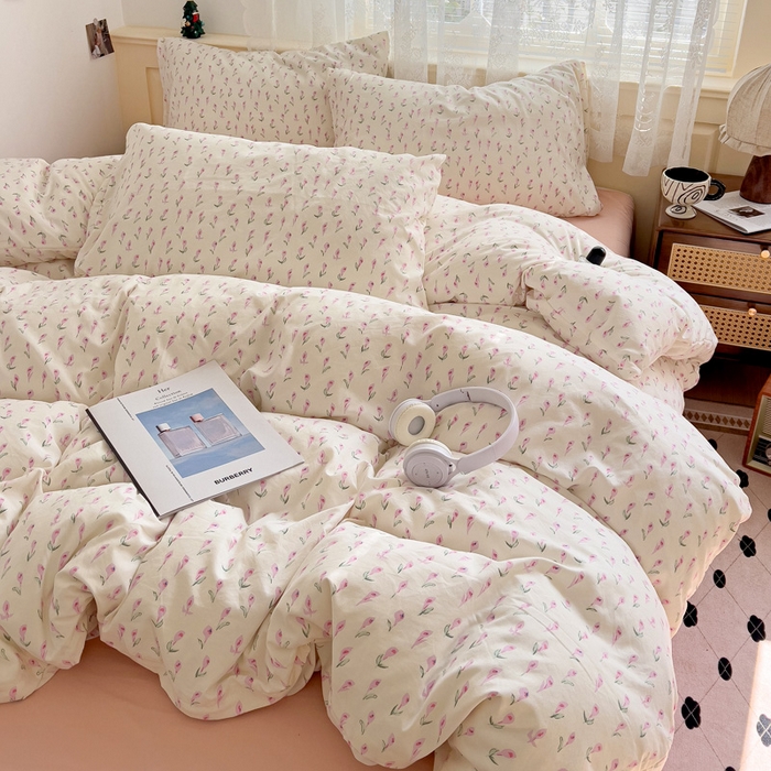 91家纺网 家纺一手货源 找家纺 夜笙2025新款A类水洗棉双层纱印花四件套 彩莲