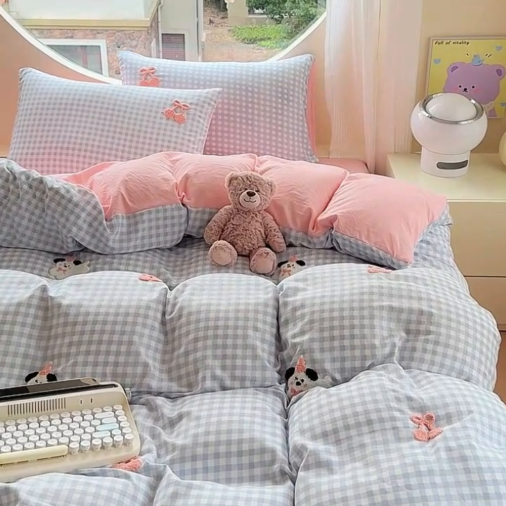 91家纺网 家纺一手货源 找家纺 优佳优品 2024新款水洗棉毛巾绣四件套（可提供买家秀） 蓝色萌宠