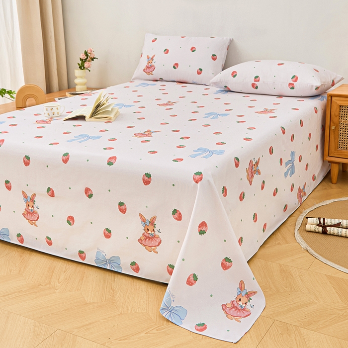 91家纺网 家纺一手货源 找家纺 首爱家纺 2025新款印花原棉标老粗布床单老粗布凉席软凉席 草莓小兔