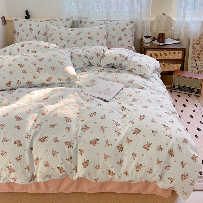 91家纺网 家纺一手货源 找家纺 夜笙2025新款A类水洗棉双层纱印花四件套 法式浪漫