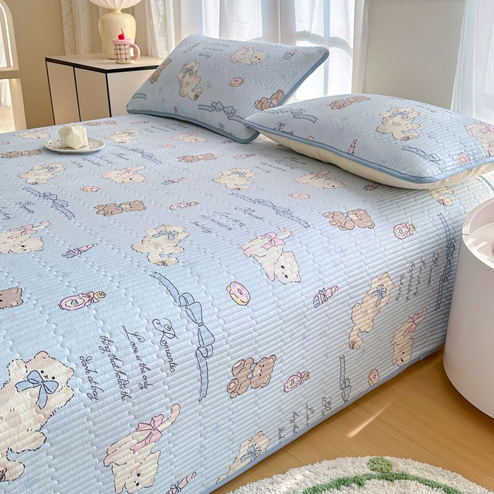 91家纺网 家纺一手货源 找家纺 2025新款13070单面全棉绗缝床盖三件套 奇趣欢乐园-蓝