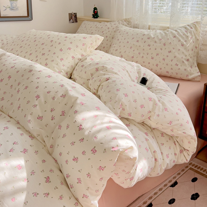 91家纺网 家纺一手货源 找家纺 夜笙2025新款A类水洗棉双层纱印花四件套 桃之夭夭