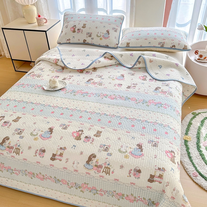 91家纺网 家纺一手货源 找家纺 2025新款13070单面全棉绗缝床盖三件套 出游伙伴