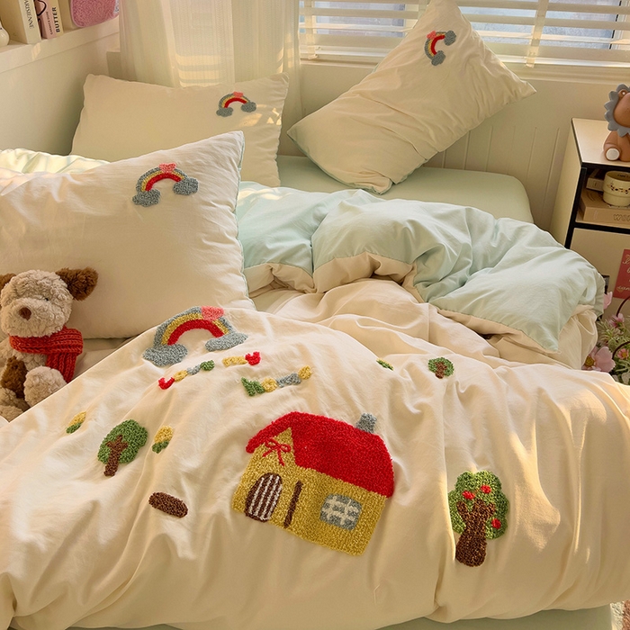 91家纺网 家纺一手货源 找家纺 暖芯优选 2025新款超柔水洗棉INS小红书毛巾绣卡通四件套（提供买家秀） 温馨家园