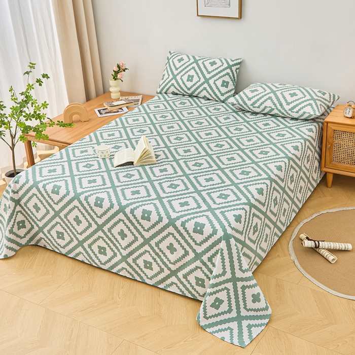 91家纺网 家纺一手货源 找家纺 首爱家纺 2025新款印花原棉标老粗布床单老粗布凉席软凉席 波澜-绿