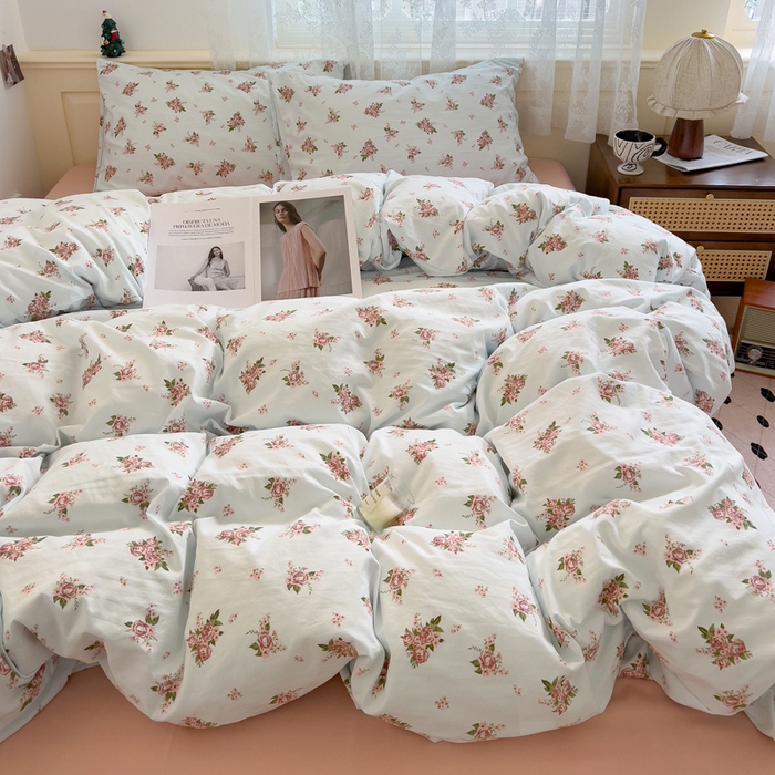 91家纺网 家纺一手货源 找家纺 夜笙2025新款A类水洗棉双层纱印花四件套 法式浪漫