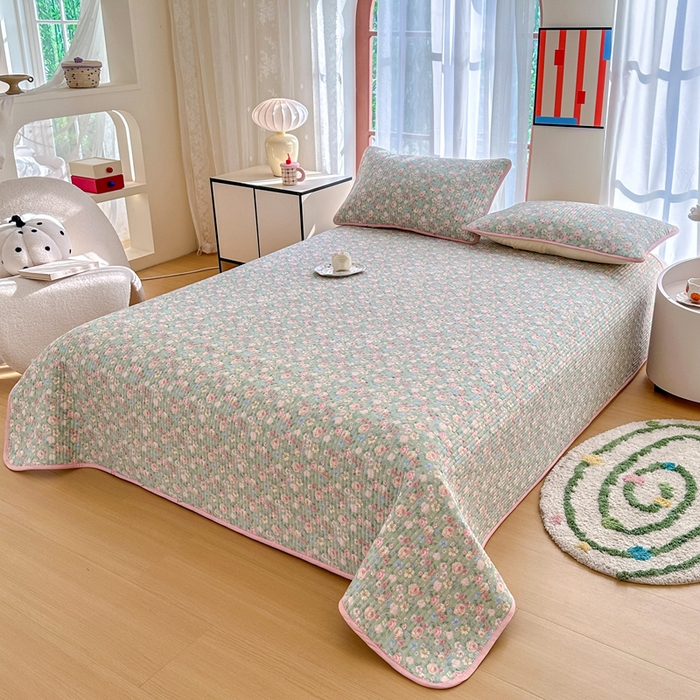 91家纺网 家纺一手货源 找家纺 2025新款13070单面全棉绗缝床盖三件套 柏林梦境-绿