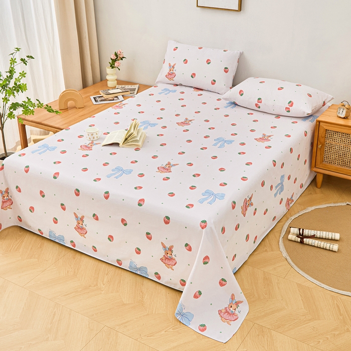 91家纺网 家纺一手货源 找家纺 首爱家纺 2025新款印花原棉标老粗布床单老粗布凉席软凉席 草莓小兔