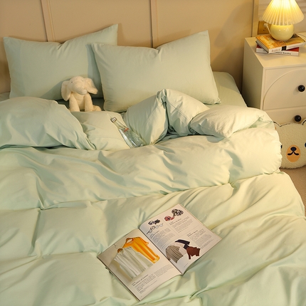 91家纺网 家纺一手货源 找家纺 悦织湾家纺 2025新款亲肤水洗棉纯色双拼四件套轻奢时尚 纯色水绿