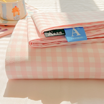 91家纺网 家纺一手货源 找家纺 韩巢家纺 2025新款格子纯色A类水洗棉床单单件 浅粉格