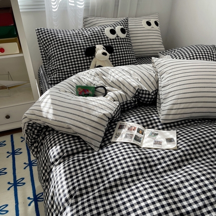 丽涵家纺 2025新品全棉水洗棉大眼毛巾绣四件套-密条系 大眼条格黑2
