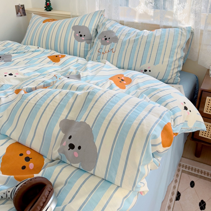 91家纺网 家纺一手货源 找家纺 夜笙2025新款A类水洗棉双层纱印花四件套 云朵小狗