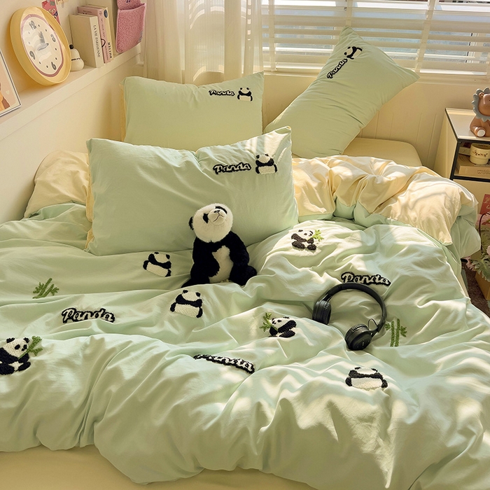 91家纺网 家纺一手货源 找家纺 暖芯优选 2025新款超柔水洗棉INS小红书毛巾绣卡通四件套（提供买家秀） 翠竹熊猫