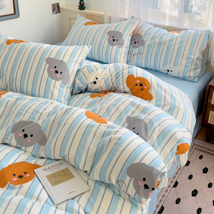 91家纺网 家纺一手货源 找家纺 夜笙2025新款A类水洗棉双层纱印花四件套 云朵小狗