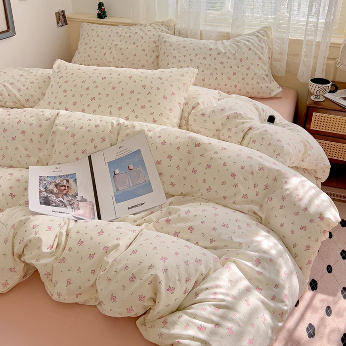 91家纺网 家纺一手货源 找家纺 夜笙2025新款A类水洗棉双层纱印花四件套 桃之夭夭