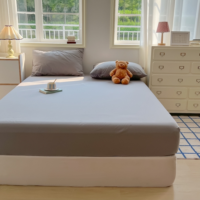 91家纺网 家纺一手货源 找家纺 韩巢家纺 2025新款A类纯色格子水洗棉床笠单件床罩床套 A类浅灰-床笠