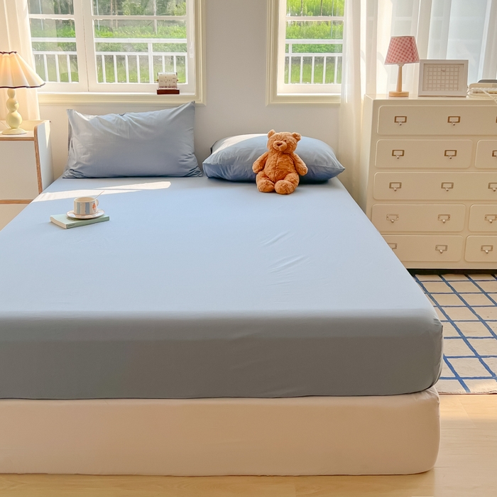 91家纺网 家纺一手货源 找家纺 韩巢家纺 2025新款A类纯色格子水洗棉床笠单件床罩床套 A类浅兰-床笠