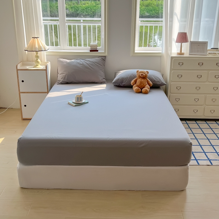 91家纺网 家纺一手货源 找家纺 韩巢家纺 2025新款A类纯色格子水洗棉床笠单件床罩床套 A类浅灰-床笠