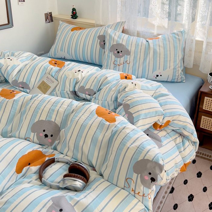 91家纺网 家纺一手货源 找家纺 夜笙2025新款A类水洗棉双层纱印花四件套 云朵小狗