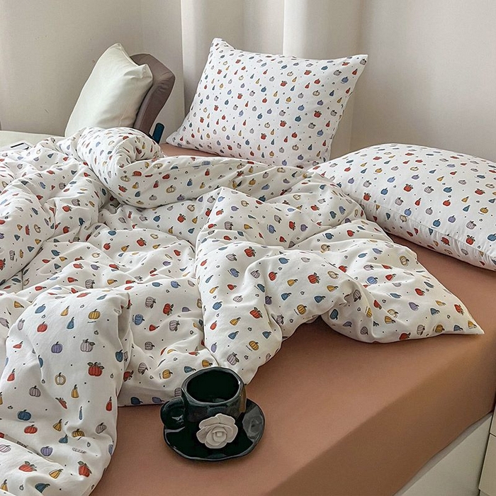 91家纺网 家纺一手货源 找家纺 2025新款针织棉双层纱四件套小碎花被套床单床笠款学生三件套新款直播热款-床图-系列一 水果派