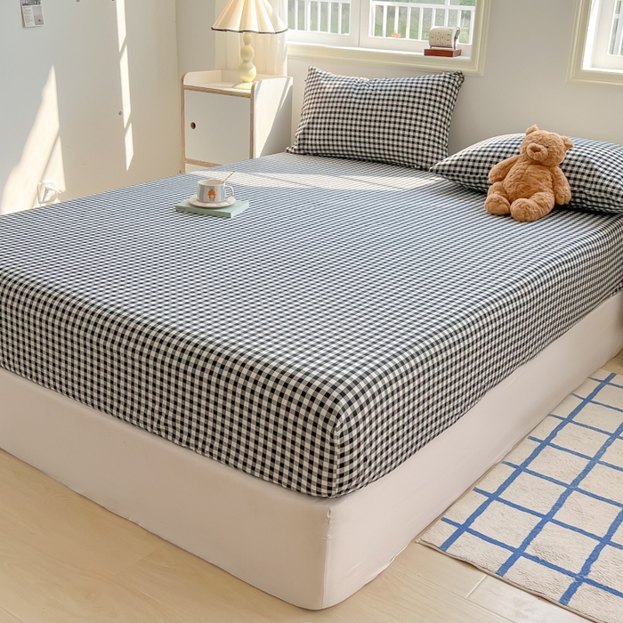 91家纺网 家纺一手货源 找家纺 韩巢家纺 2025新款A类纯色格子水洗棉床笠单件床罩床套 A类黑色格-床笠