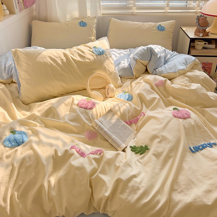 91家纺网 家纺一手货源 找家纺 暖芯优选 2025新款超柔水洗棉INS小红书毛巾绣卡通四件套（提供买家秀） 南瓜派对