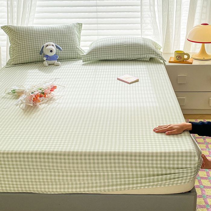 91家纺网 家纺一手货源 找家纺 恬澳家纺 2025新款森系水洗棉无印风单床笠 森系-绿格