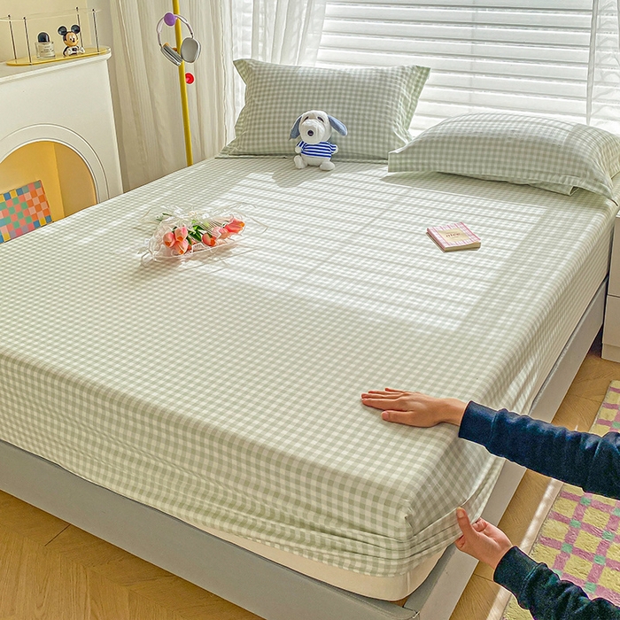 91家纺网 家纺一手货源 找家纺 恬澳家纺 2025新款森系水洗棉无印风单床笠 森系-绿格