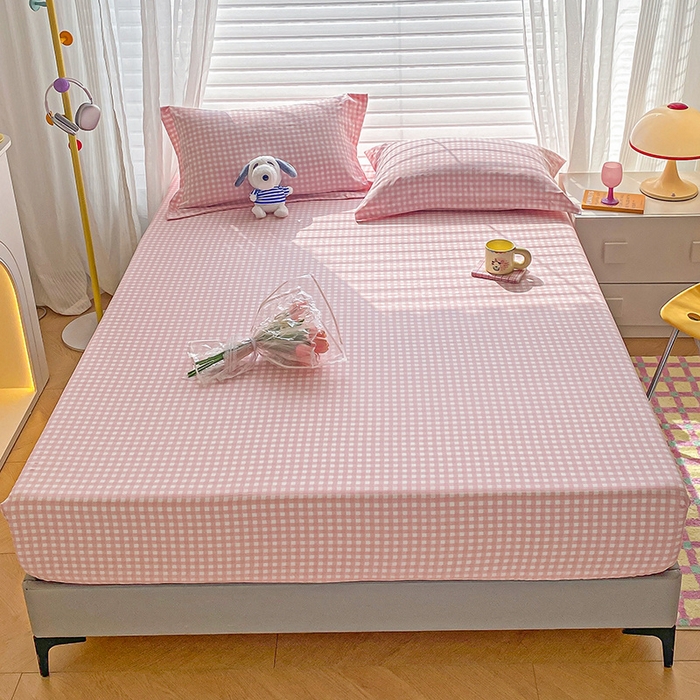 91家纺网 家纺一手货源 找家纺 恬澳家纺 2025新款森系水洗棉无印风单床笠 森系-粉格