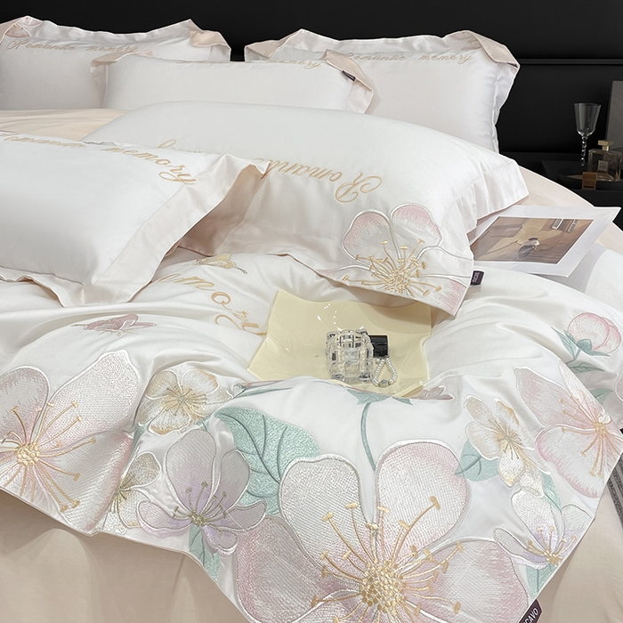 91家纺网 家纺一手货源 找家纺 2025春夏A类100支长绒棉四件套纯棉全棉轻奢风床单被套重工刺绣床上用品-花漫屿 花漫屿-白粉