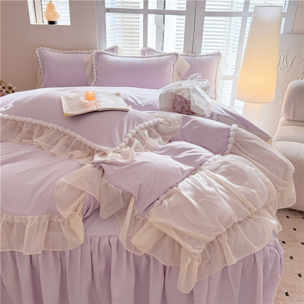91家纺网 家纺一手货源 找家纺 富盛家纺 2025新款水洗亲肤棉床裙款四件套公主风四件套 仙仙子—紫