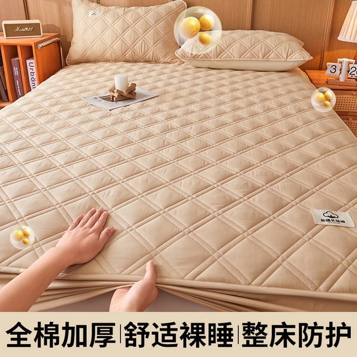 91家纺网 家纺一手货源 找家纺 笠客家纺 2025新款全棉水洗棉夹棉床笠-棉格款 棉格-浅咖