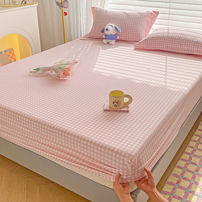 91家纺网 家纺一手货源 找家纺 恬澳家纺 2025新款森系水洗棉无印风单床笠 森系-粉格