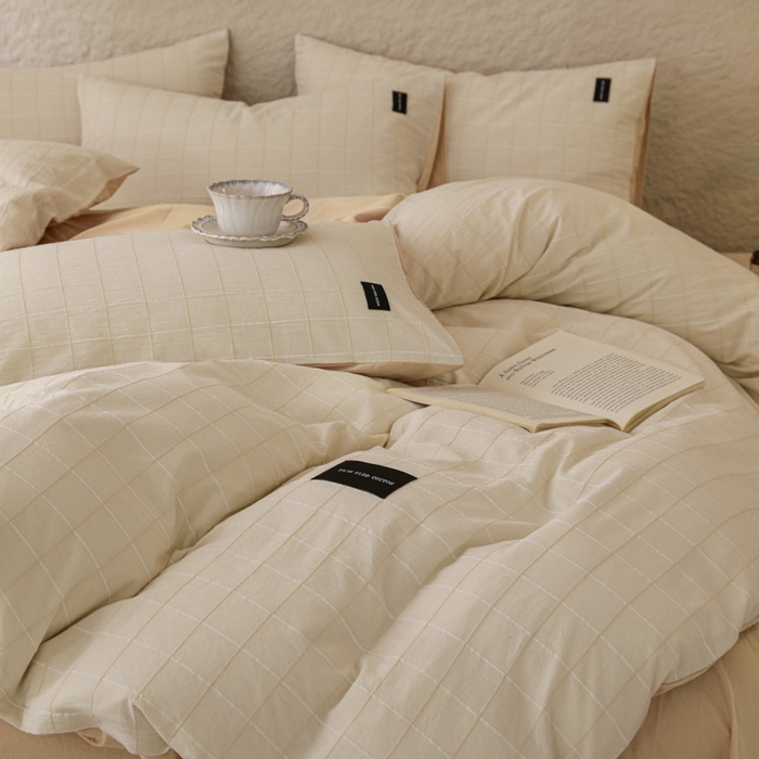 91家纺网 家纺一手货源 找家纺 呗旺鹿 2025新款静奢风-锦绣系列全棉色织提花小方格四件套 锦绣桃花暖阳