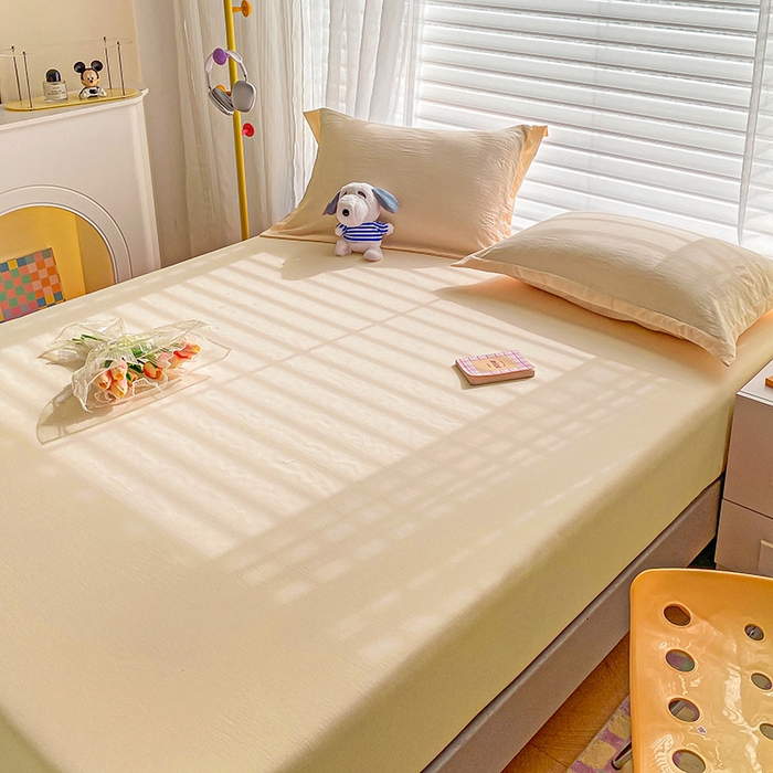 91家纺网 家纺一手货源 找家纺 恬澳家纺 2025新款森系水洗棉无印风单床笠 森系-嫩黄