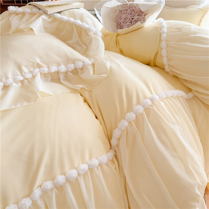 91家纺网 家纺一手货源 找家纺 富盛家纺 2025新款水洗亲肤棉床裙款四件套公主风四件套 仙仙子—黄