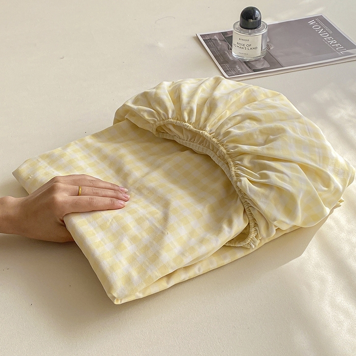 91家纺网 家纺一手货源 找家纺 恬澳家纺 2025新款森系水洗棉无印风单床笠 森系-黄格