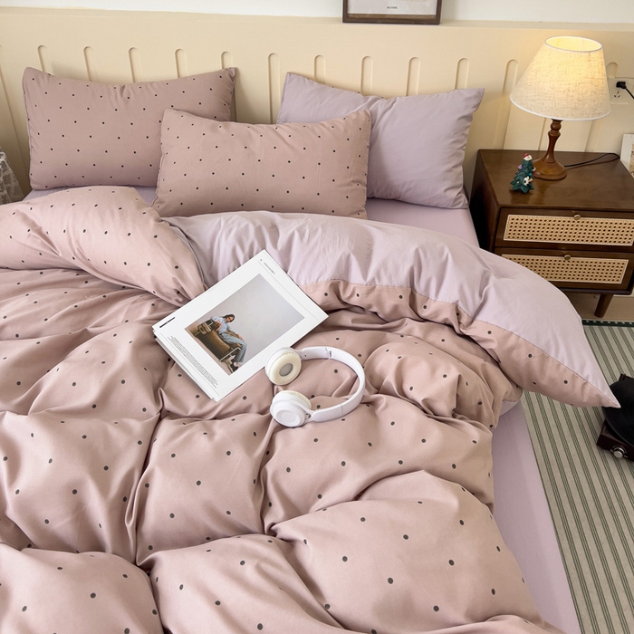 91家纺网 家纺一手货源 找家纺 金梦拉家纺 2025爆款新款A类加厚有氧针织棉双层纱四件套（吊边版）波点