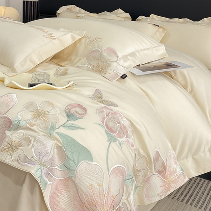 2025春夏A类100支长绒棉四件套纯棉全棉轻奢风床单被套重工刺绣床上用品-花漫屿 花漫屿-奶玉