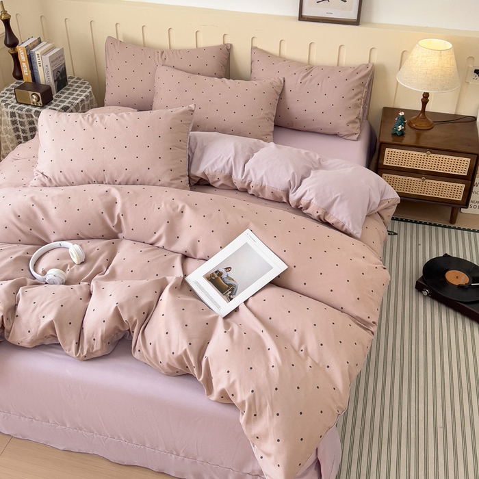 91家纺网 家纺一手货源 找家纺 金梦拉家纺 2025爆款新款A类加厚有氧针织棉双层纱四件套（吊边版）波点